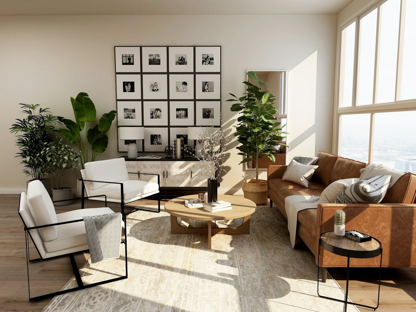 Phòng khách hiện đại với sofa, bàn trà và ánh sáng tự nhiên